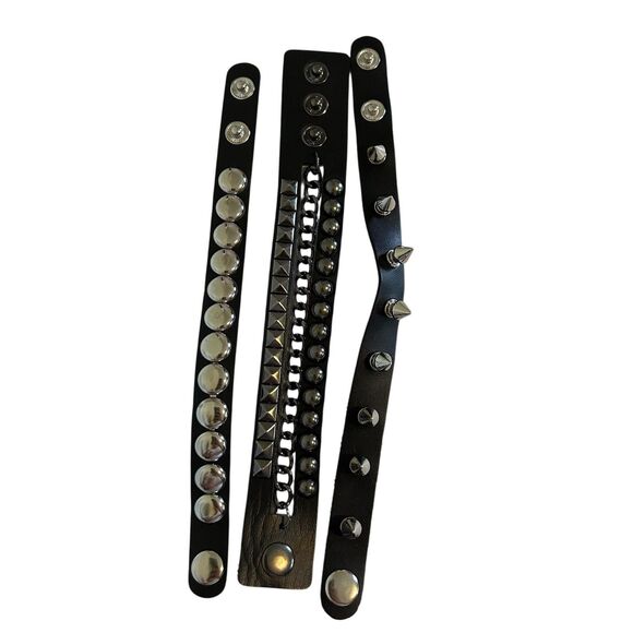 Punk Rock Studded Faux Leather Bracelet Set Spike Chain Wide Snap Cuff 3-Pack - Picture 1 of 9